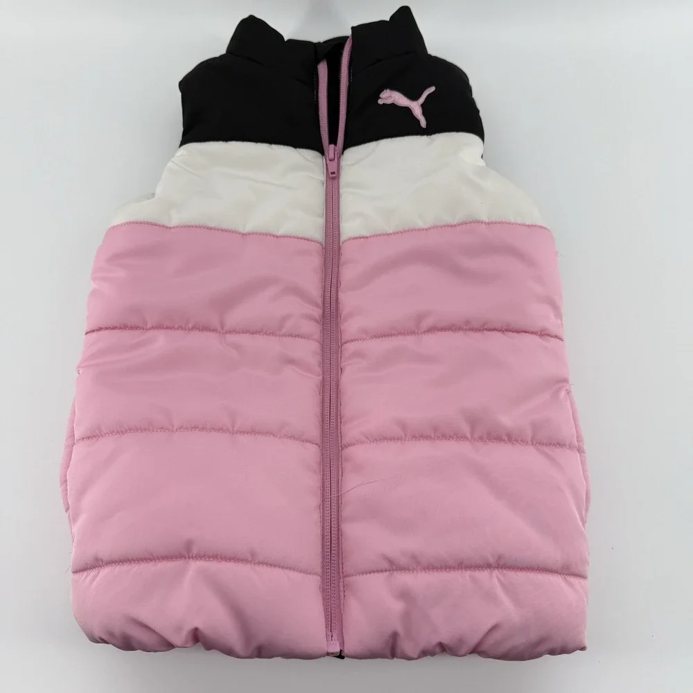 Puma Girls Vest Puffer Jacket Youth Size 4 Black White Pink Logo Full Zip Warm